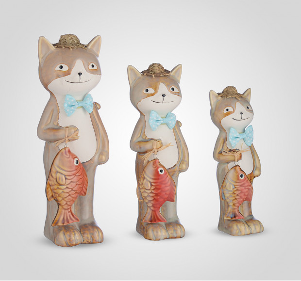 Статуэтка Набор трех декоративных керамических котиков с рыбками